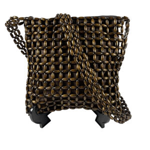 Giannini Vintage Wood Bead Crossbody Bag Boho Beaded Brown Purse NWOT 10x10